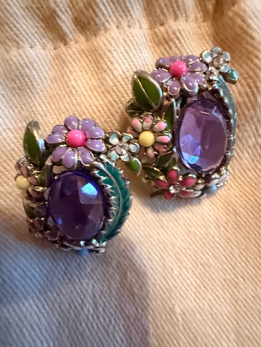Floral Crystal Clip-On Earrings with Purple Gemstones